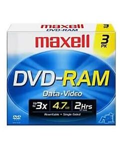 Maxell DVD-RAM47 DISC 4.7GB Rewritable DVD-RAM Disc for Video, 3 Pack