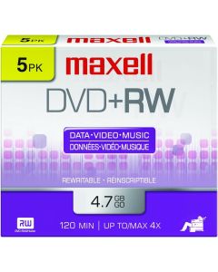Maxell 634045 DVD-RW Blank Disc - Rewritable 4.7 Gb with Slim Jewel Case, 120min & Max Up to 4x, Superior Archival Life Digital Storage Playback & Up to 1000 Rewrite - 5 Pack
